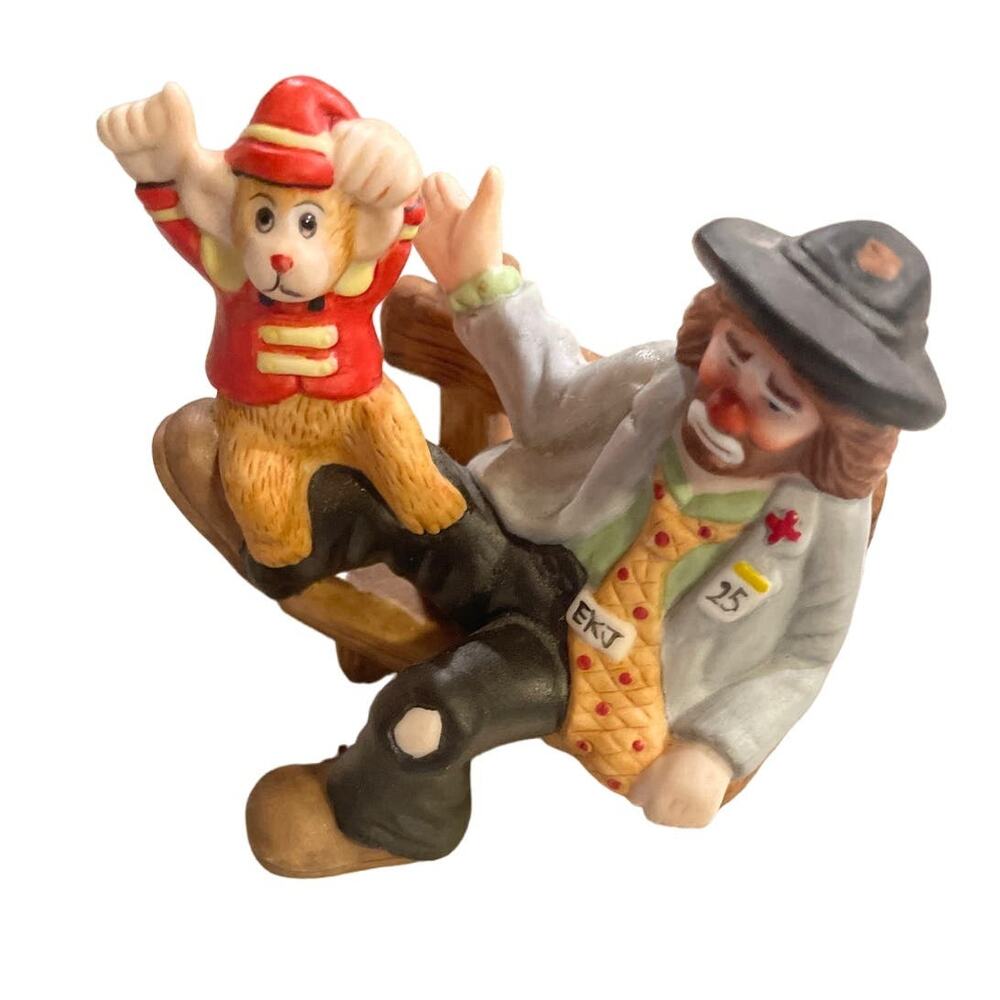 Emmett Kelly Jr. Flambro Clown Figurine on Bench with Monkey